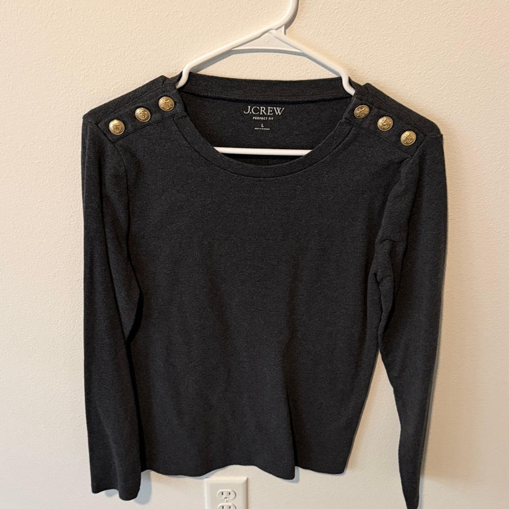 J.Crew Dark Grey Long Sleeve Sweater with Gold Shoulder Buttons Size L